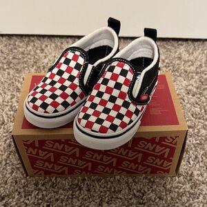 Vans Kids Red and White Checkerboard Slip-On Sneakers